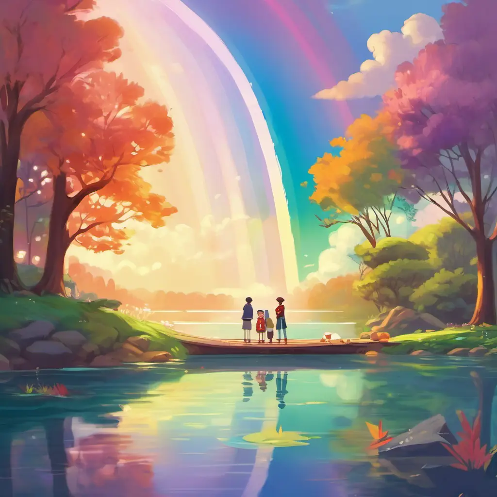 The friends finally find the 'Rainbow Lake' and prepare to make their wishes, conveying a sense of magic and wonder.