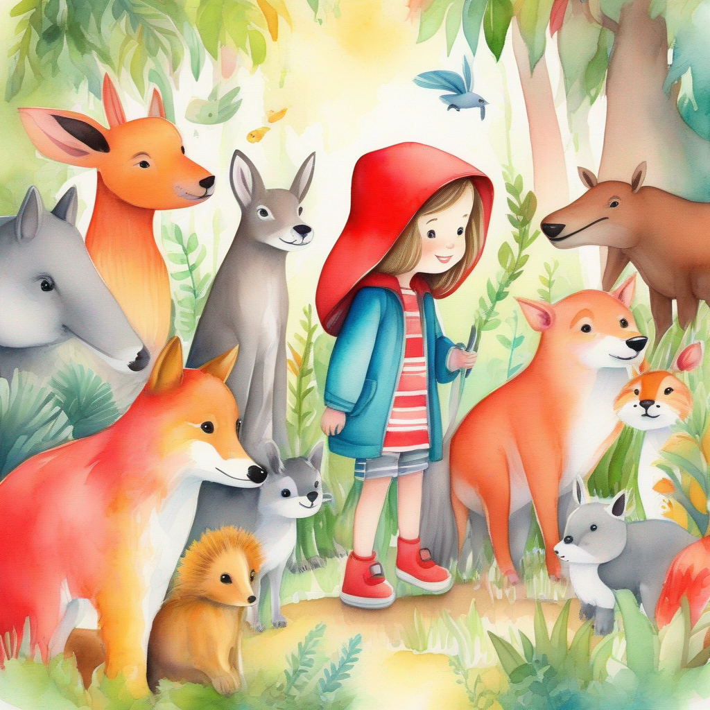 Little girl with a red hood and friendly animals with Friendly animals of different colors and sizes in a colorful jungle