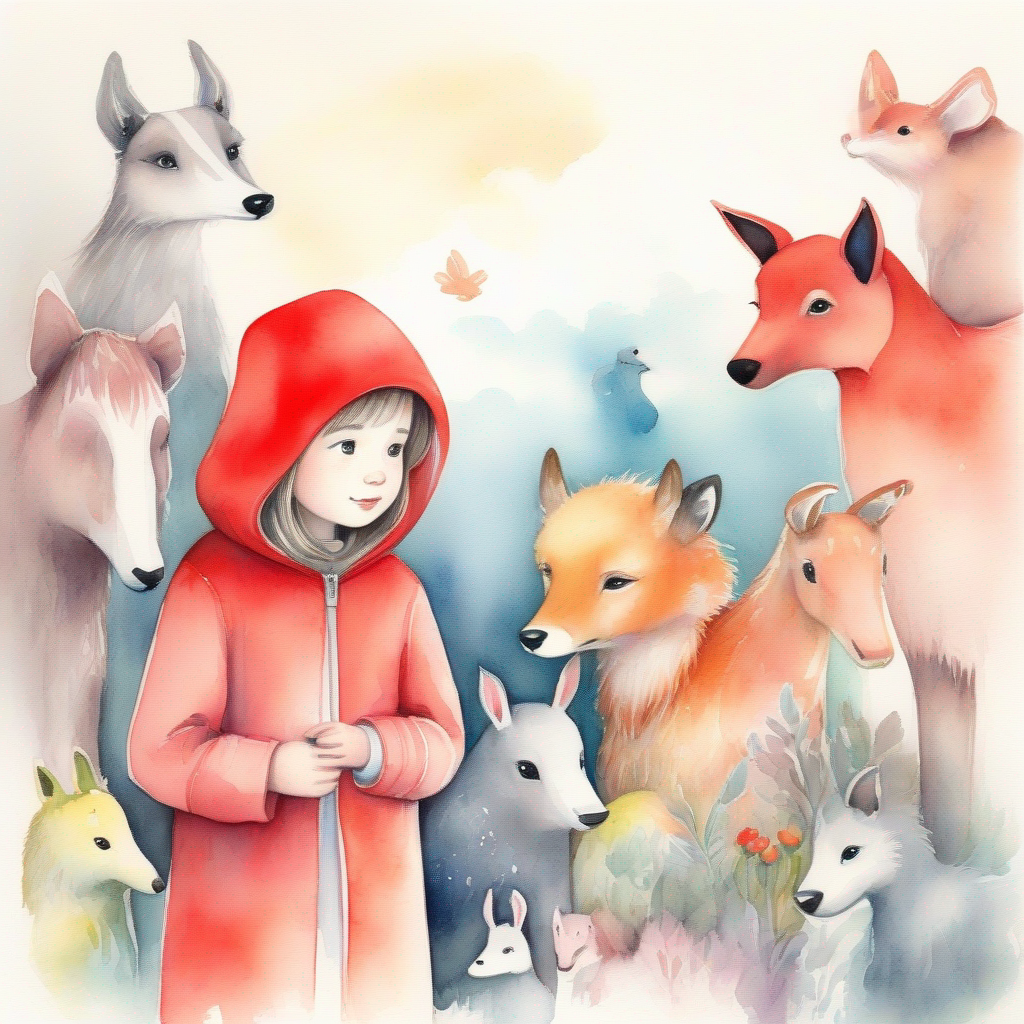 Little girl with a red hood and friendly Friendly animals of different colors and sizes talking to sad animals