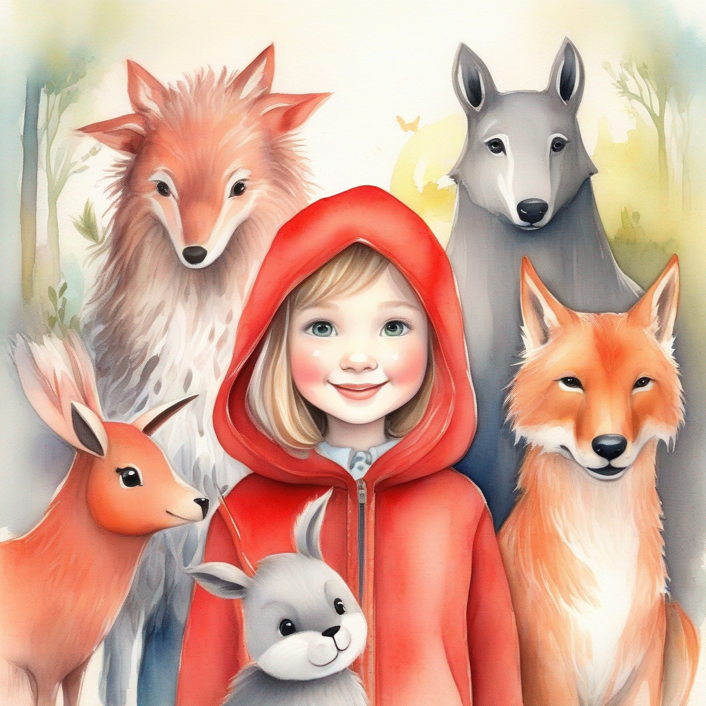 Little girl with a red hood and friendly animals feeling proud with animal friends