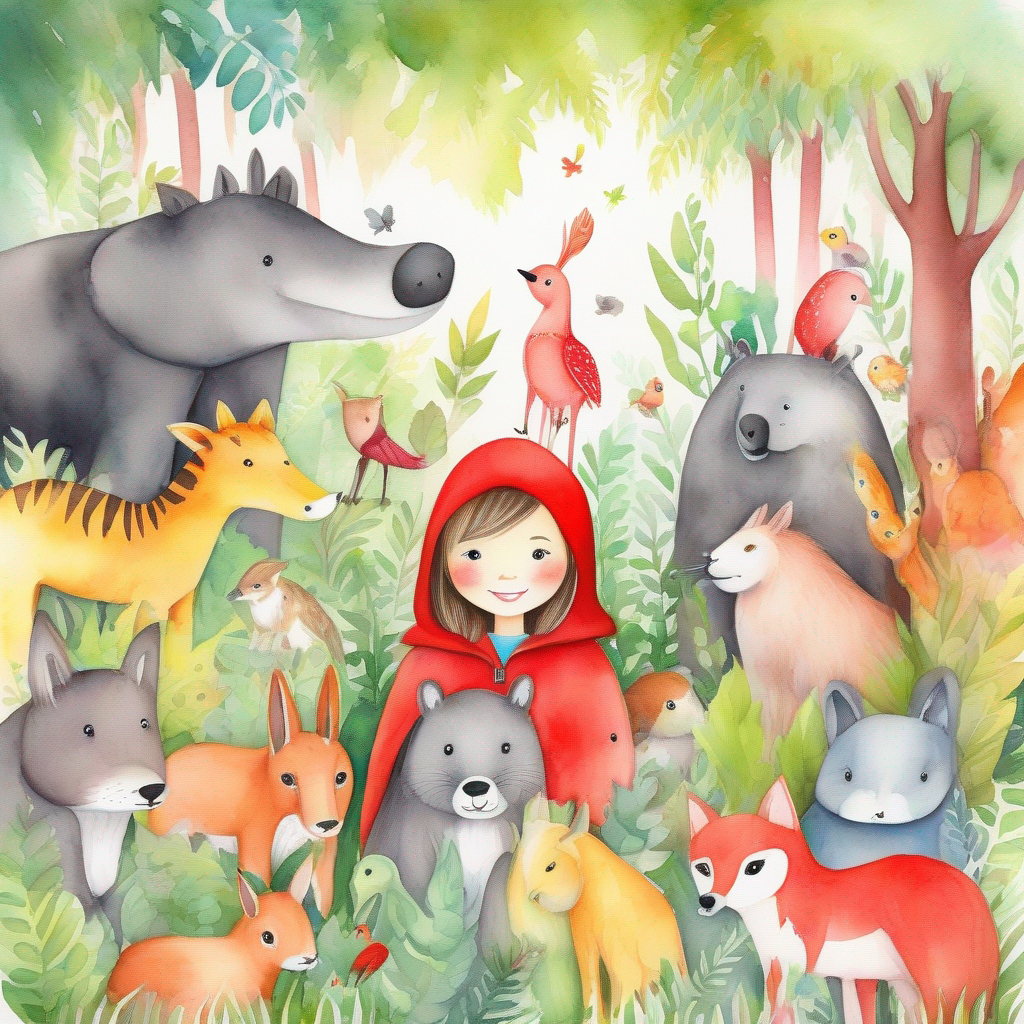 More Friendly animals of different colors and sizes joining the colorful jungle with Little girl with a red hood and friendly animals