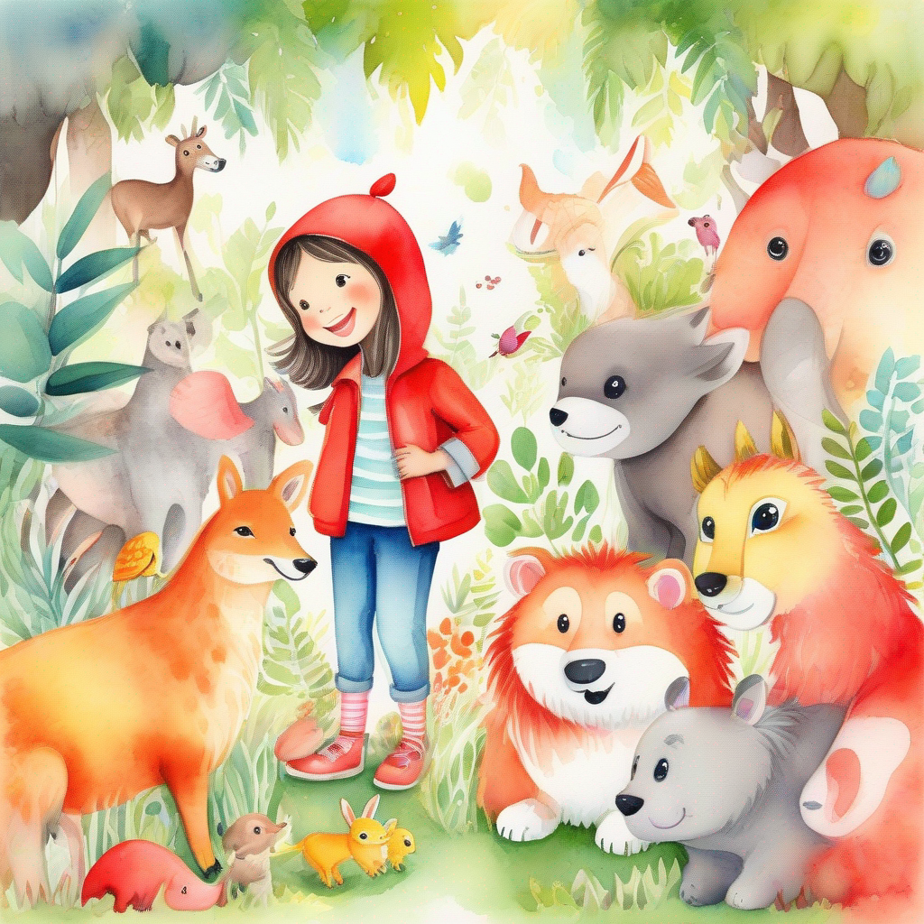 Little girl with a red hood and friendly Friendly animals of different colors and sizes and animal friends living happily in the colorful jungle