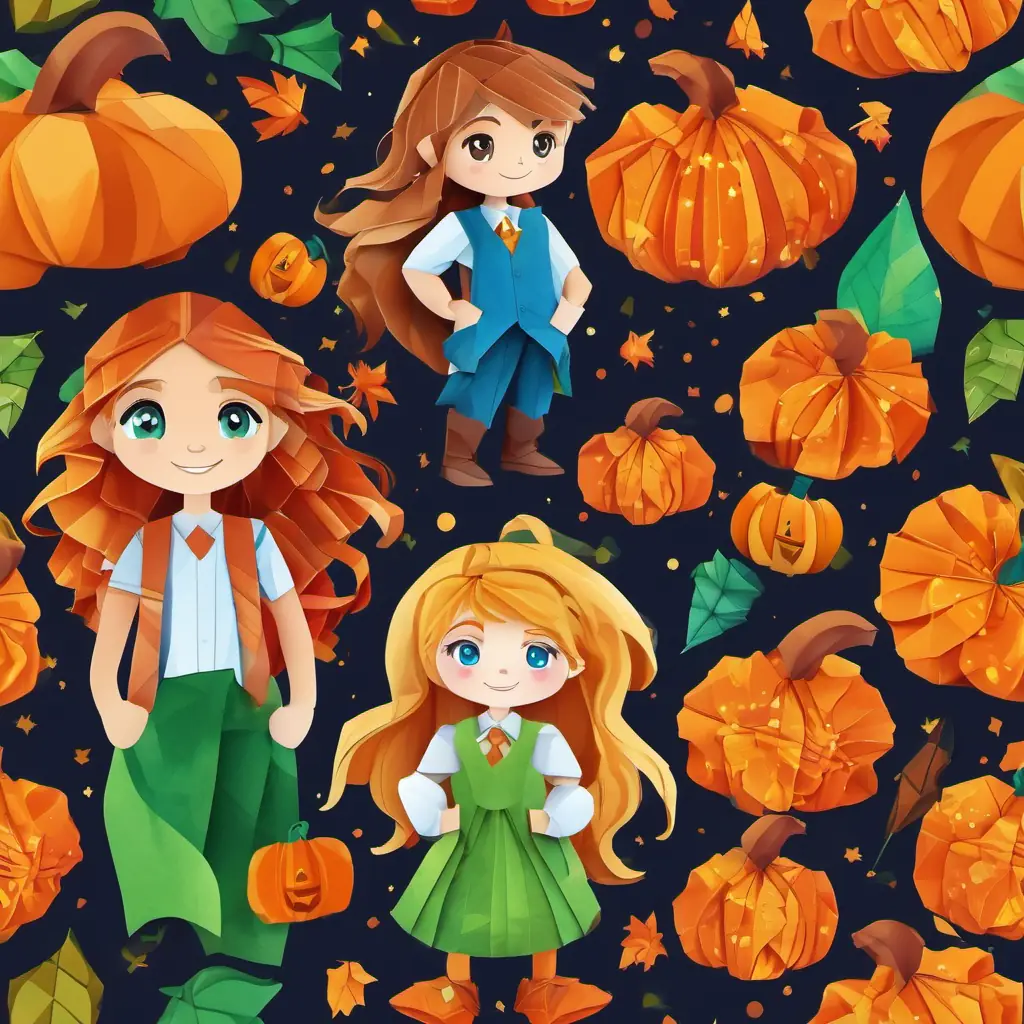 Lily - a brave and curious girl with brown hair and bright blue eyes, Jack - a funny and adventurous boy with messy blonde hair and green eyes, and Sarah - a kind and imaginative girl with long red hair and sparkling hazel eyes wearing cute Halloween costumes with big smiling pumpkins on a dark street