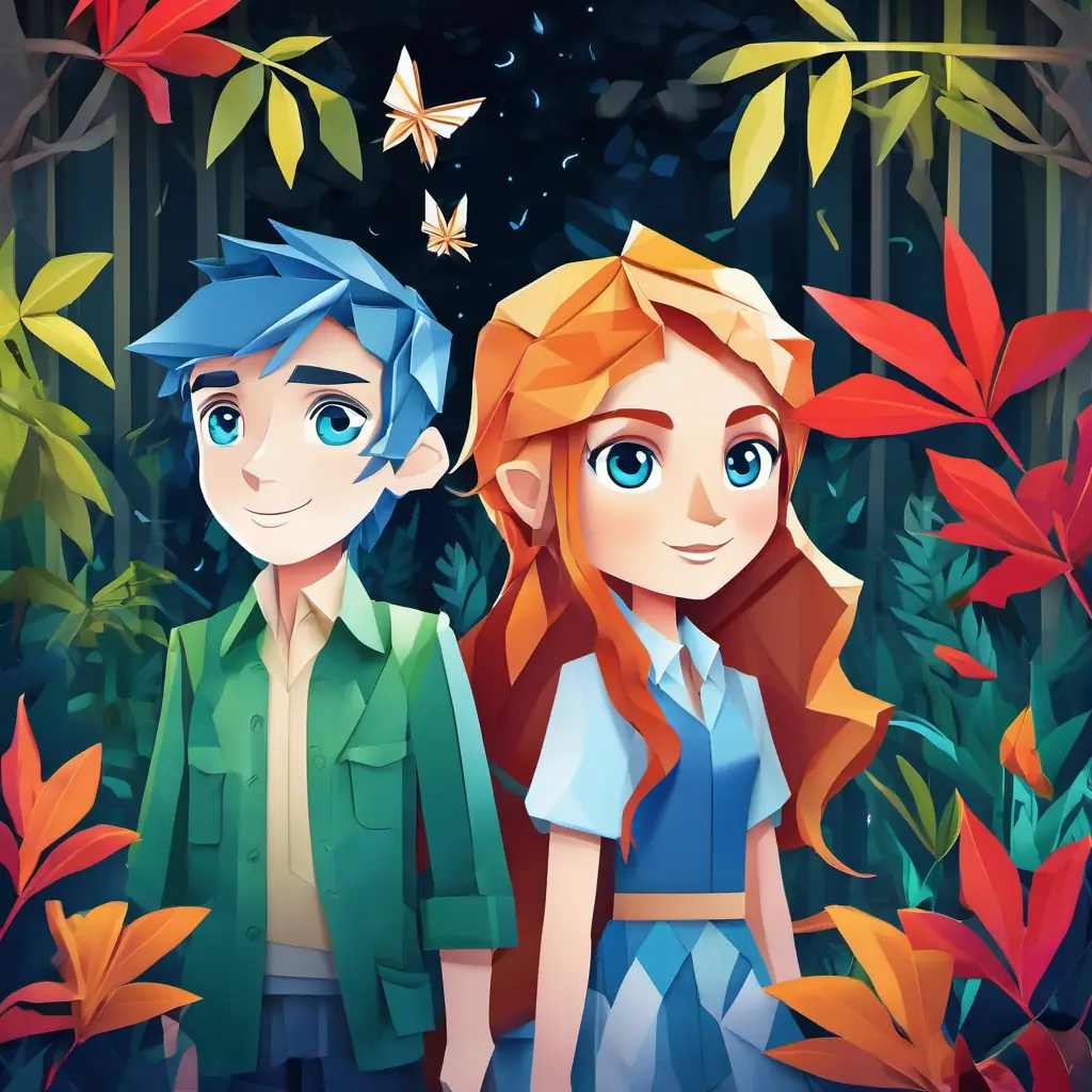 Lily - a brave and curious girl with brown hair and bright blue eyes, Jack - a funny and adventurous boy with messy blonde hair and green eyes, and Sarah - a kind and imaginative girl with long red hair and sparkling hazel eyes standing at the edge of a spooky jungle surrounded by tall trees and glowing eyes peeking through the shadows