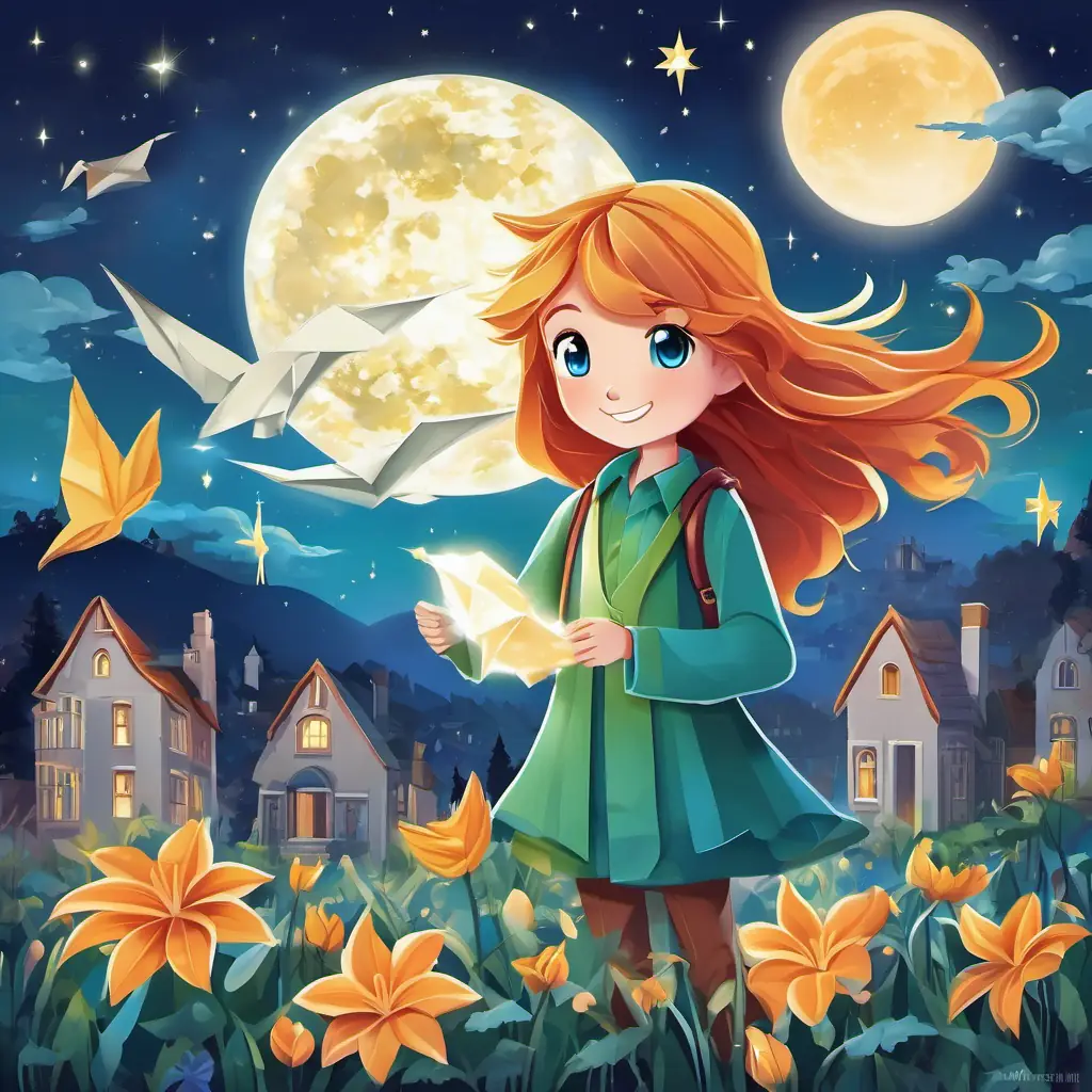 Lily - a brave and curious girl with brown hair and bright blue eyes, Jack - a funny and adventurous boy with messy blonde hair and green eyes, and Sarah - a kind and imaginative girl with long red hair and sparkling hazel eyes waving goodbye to Casper - a friendly ghost with a mischievous smile and a glowing white spirit, with the town in the background and a bright moon shining in the night sky