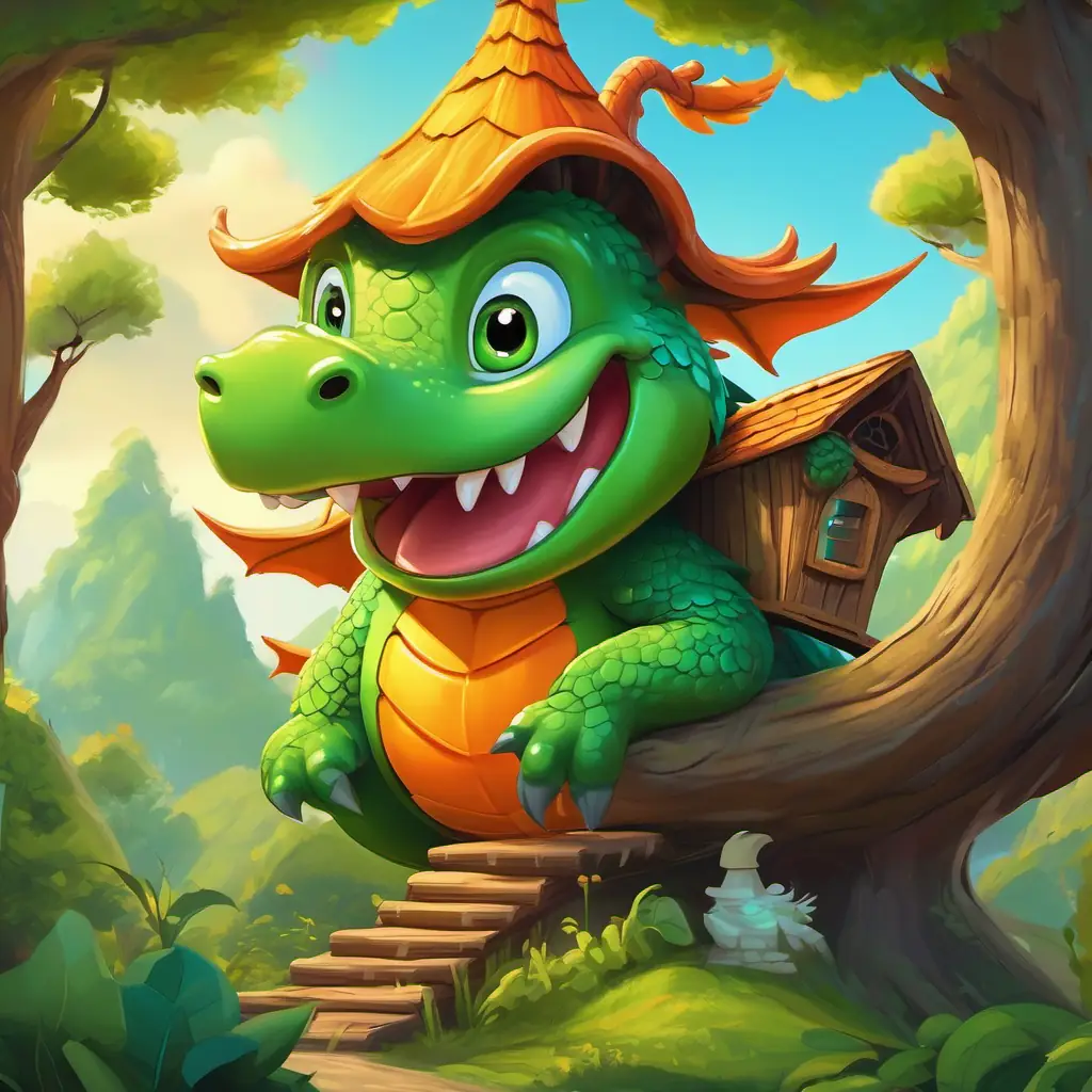 Introducing Silly green dragon with big wings, and goofy smile & Furry orange monster with a big grin, and twinkling eyes and their treehouse home.
