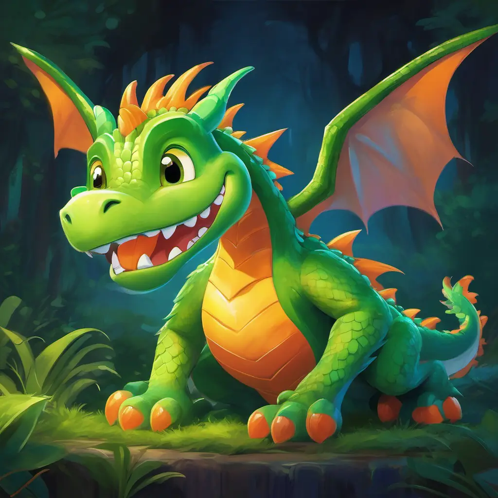 Description of Silly green dragon with big wings, and goofy smile & Furry orange monster with a big grin, and twinkling eyes's appearances.