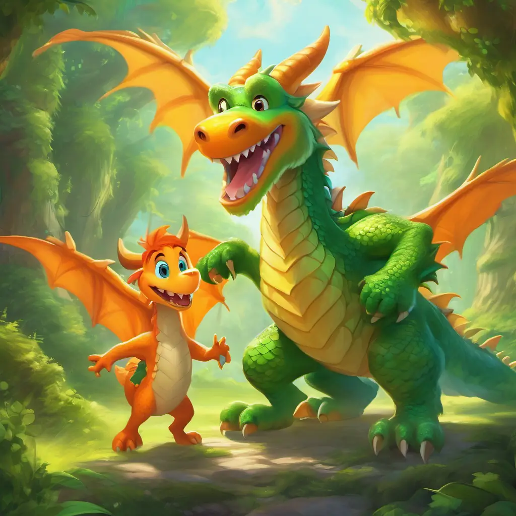 Silly green dragon with big wings, and goofy smile & Furry orange monster with a big grin, and twinkling eyes encountering a playful pixie.