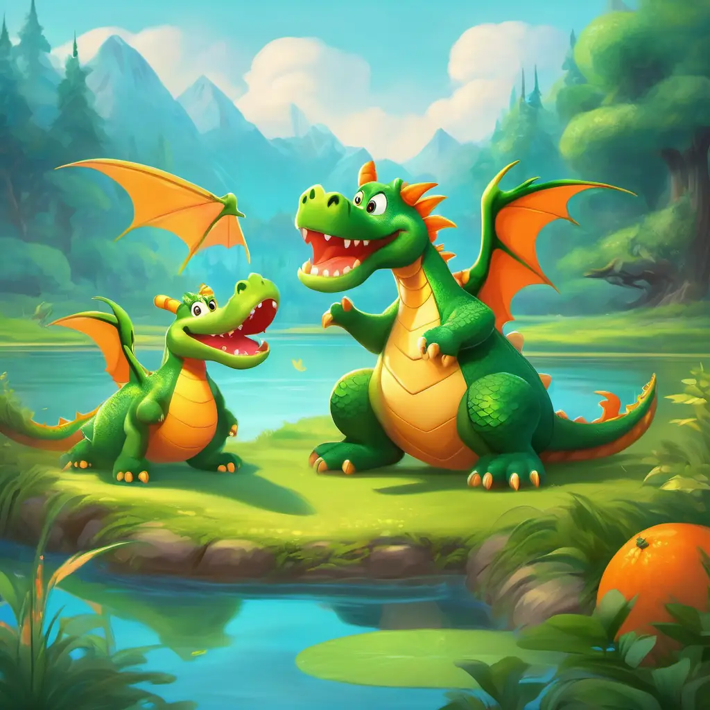 Silly green dragon with big wings, and goofy smile & Furry orange monster with a big grin, and twinkling eyes's encounter with the enchanted pond.