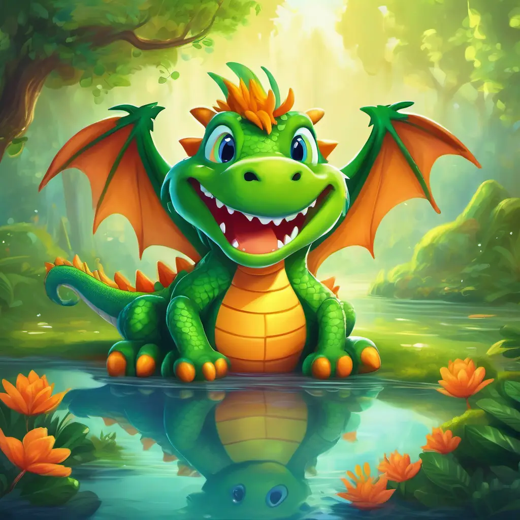 Silly green dragon with big wings, and goofy smile & Furry orange monster with a big grin, and twinkling eyes enjoying the magical pond with the pixie.