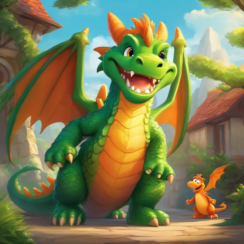 Silly green dragon with big wings, and goofy smile & Furry orange monster with a big grin, and twinkling eyes's return home and the lesson they learned from their adventure.