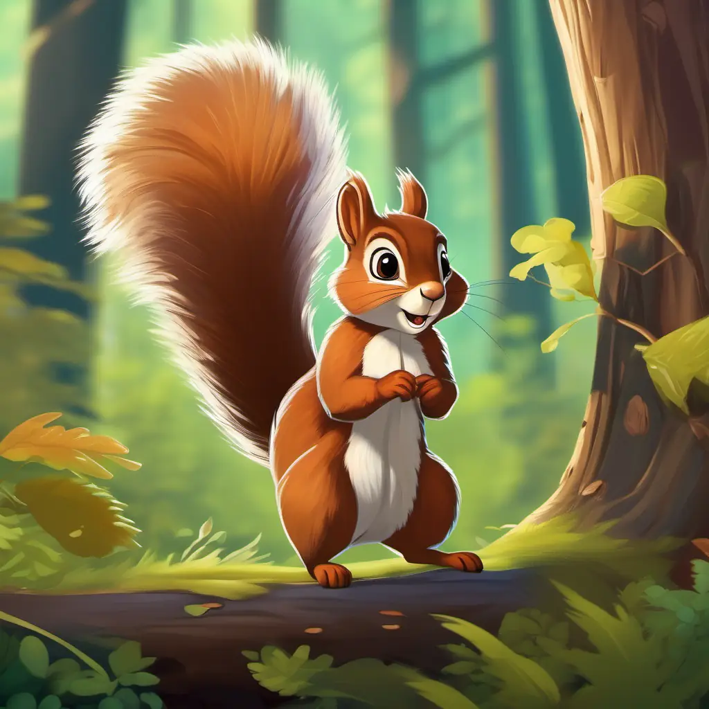 Introduction to A brown squirrel with lively eyes and a fluffy tail and the forest