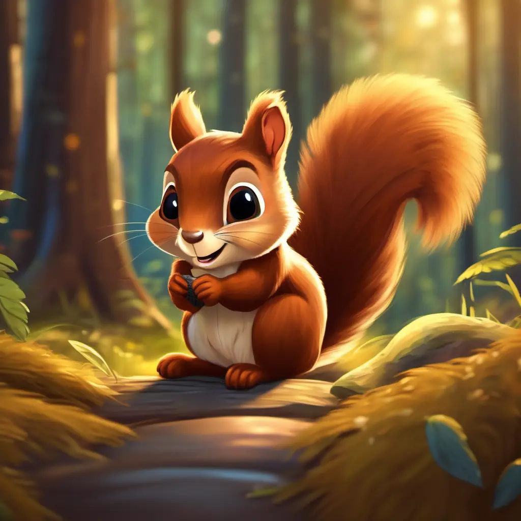 A brown squirrel with lively eyes and a fluffy tail's movie nights with friends in the forest