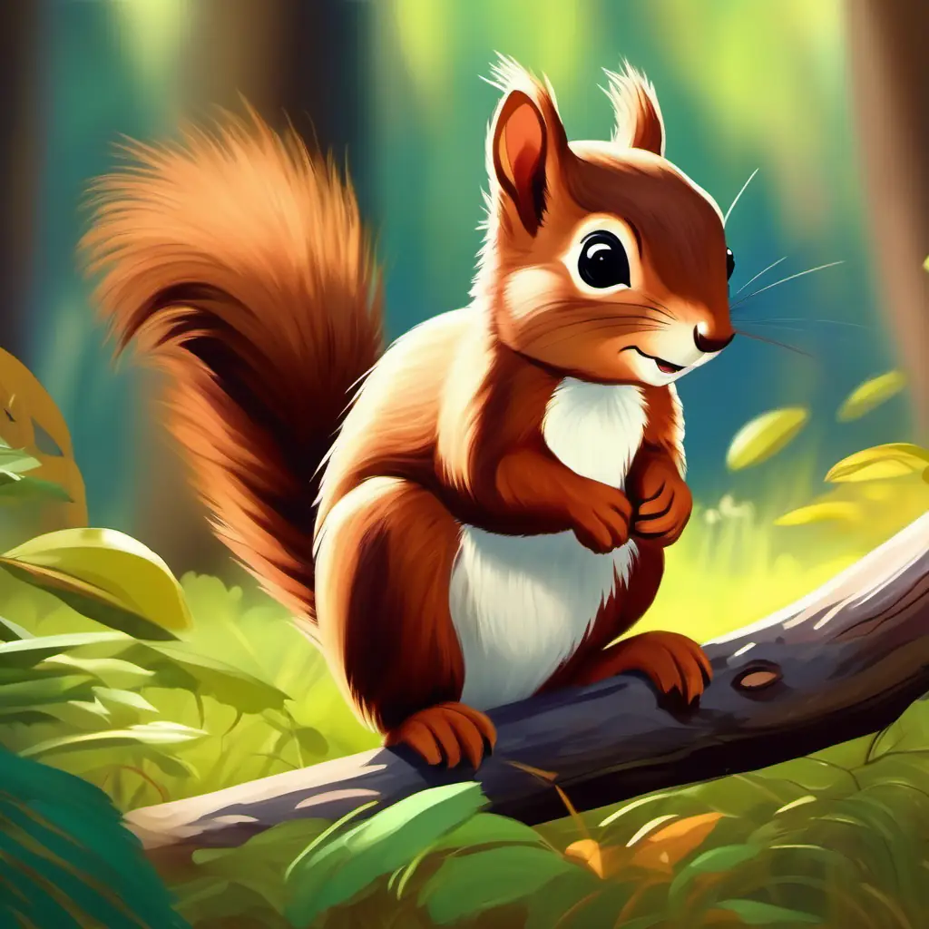 A brown squirrel with lively eyes and a fluffy tail filming the animals in the forest