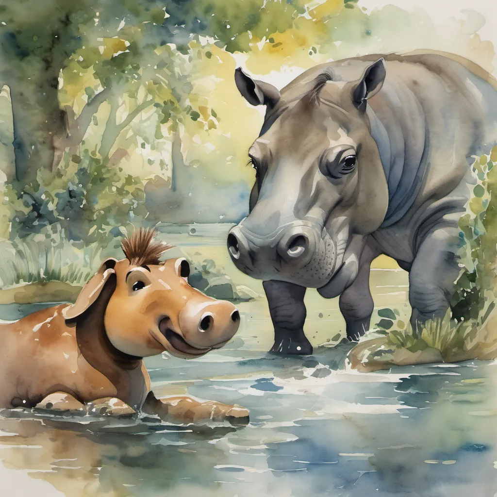 A horse with a scowl on its face pointing an accusatory hoof at A happy hippopotamus who is initially joyful but becomes sad when blamed by other animals Later, he regains his confidence and happiness through his friend's support the hippo, who looks sadder now.