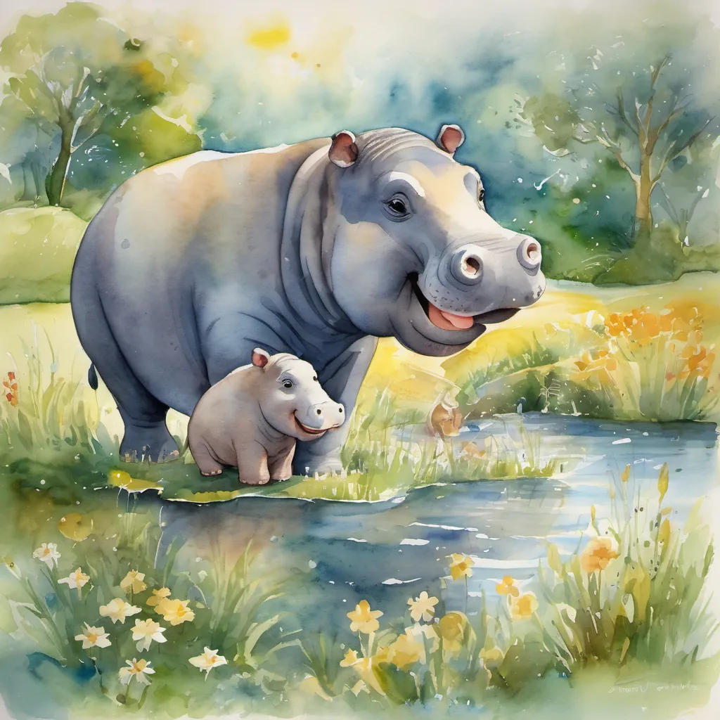 A happy hippopotamus who is initially joyful but becomes sad when blamed by other animals Later, he regains his confidence and happiness through his friend's support the hippo and A kind and empathetic elephant who consoles and supports Hugo, helping him navigate through his feelings and regain his confidence the elephant dancing happily in a meadow, with sunbeams making everything look golden and joyful.