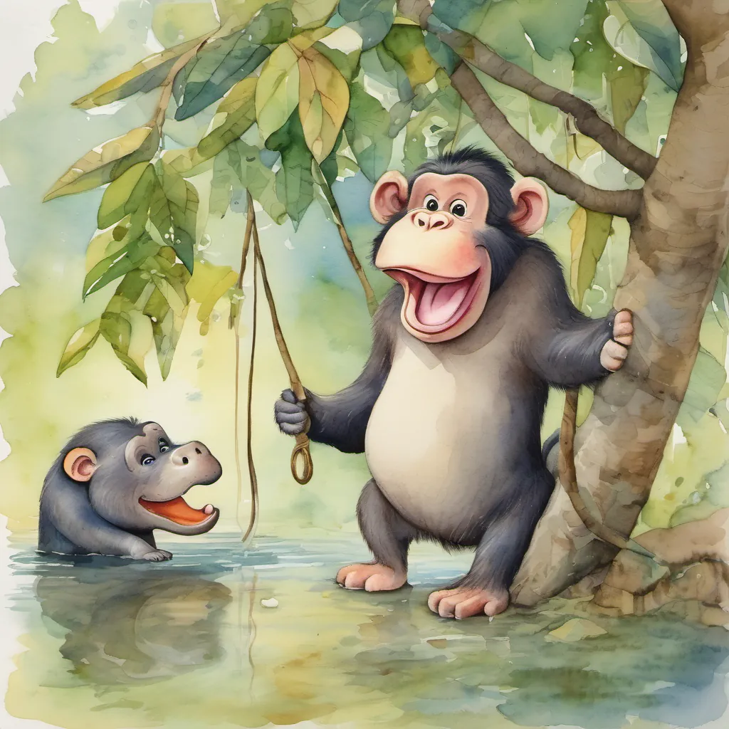 A mischievous monkey hanging from a tree, pointing and laughing at A happy hippopotamus who is initially joyful but becomes sad when blamed by other animals Later, he regains his confidence and happiness through his friend's support the hippo, who's looking sadder.