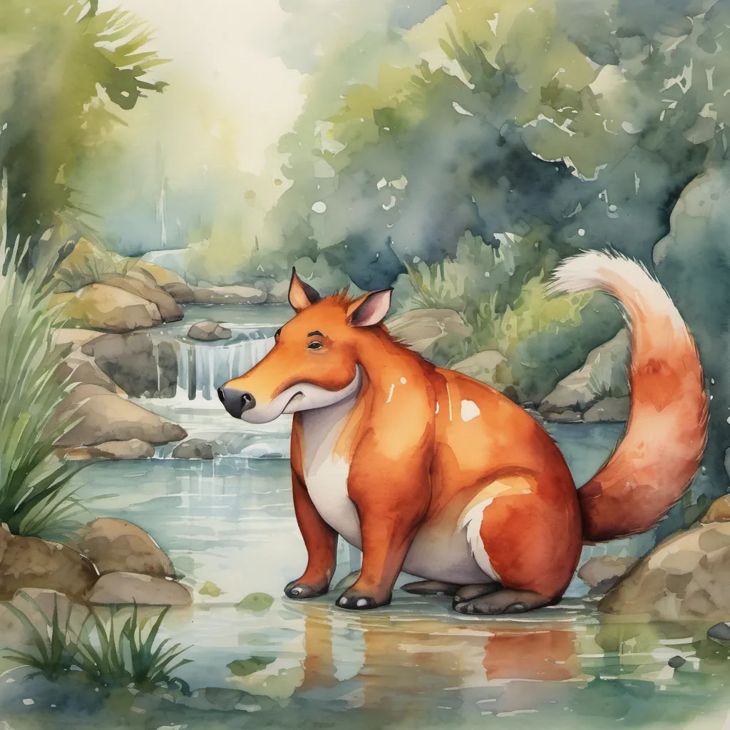 A sly fox with a bushy red tail mocking A happy hippopotamus who is initially joyful but becomes sad when blamed by other animals Later, he regains his confidence and happiness through his friend's support the hippo, who now has teary eyes.