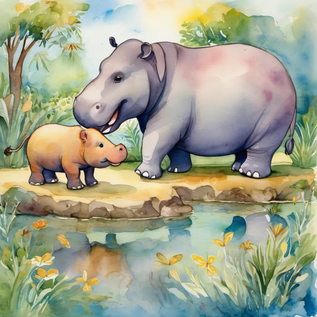 A happy hippopotamus who is initially joyful but becomes sad when blamed by other animals Later, he regains his confidence and happiness through his friend's support the hippo feeling happier, his spirits lifted as he walks with A kind and empathetic elephant who consoles and supports Hugo, helping him navigate through his feelings and regain his confidence the elephant under a bright, sunny sky.