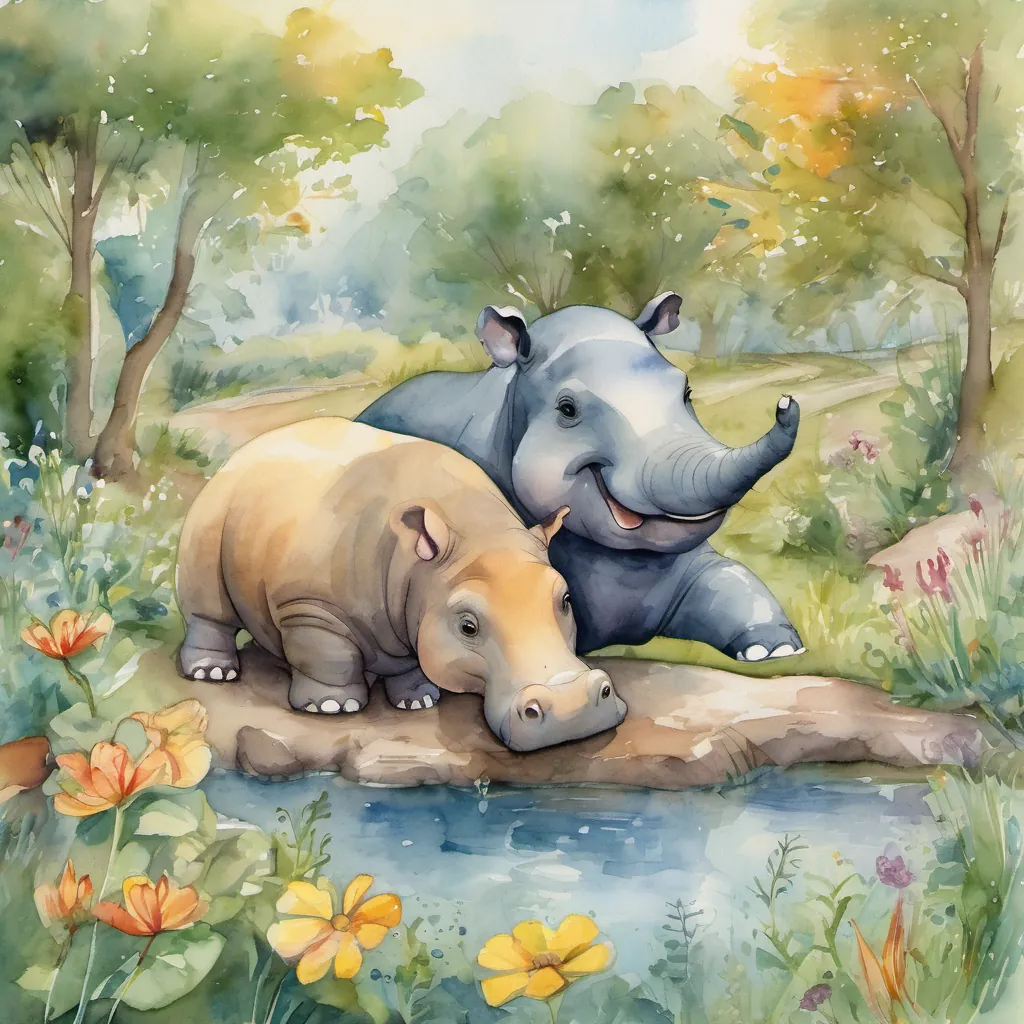 A happy hippopotamus who is initially joyful but becomes sad when blamed by other animals Later, he regains his confidence and happiness through his friend's support the hippo and A kind and empathetic elephant who consoles and supports Hugo, helping him navigate through his feelings and regain his confidence the elephant walking through the meadow again, but this time A happy hippopotamus who is initially joyful but becomes sad when blamed by other animals Later, he regains his confidence and happiness through his friend's support looks more confident.