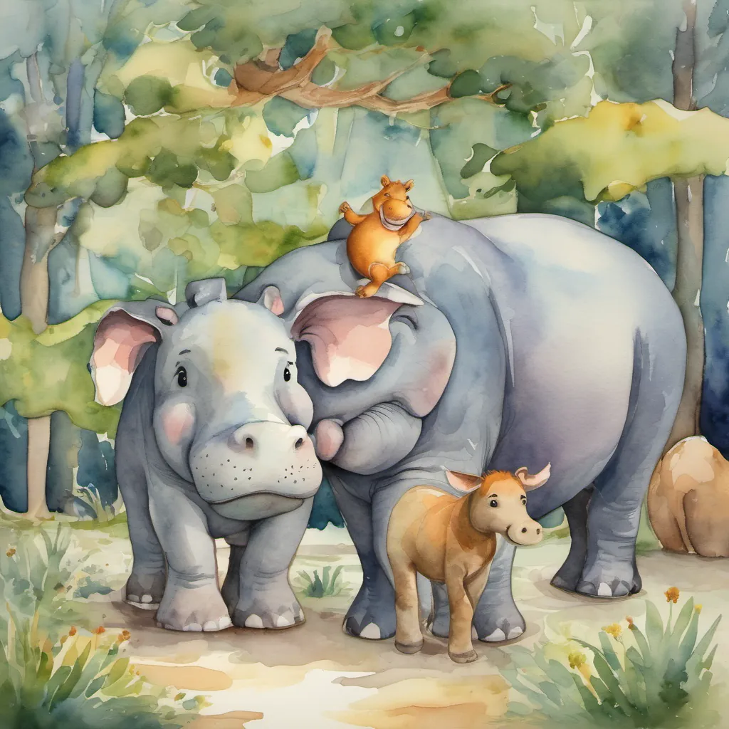 A happy hippopotamus who is initially joyful but becomes sad when blamed by other animals Later, he regains his confidence and happiness through his friend's support the hippo confidently facing the horse, monkey, and fox, with A kind and empathetic elephant who consoles and supports Hugo, helping him navigate through his feelings and regain his confidence standing supportively beside him.