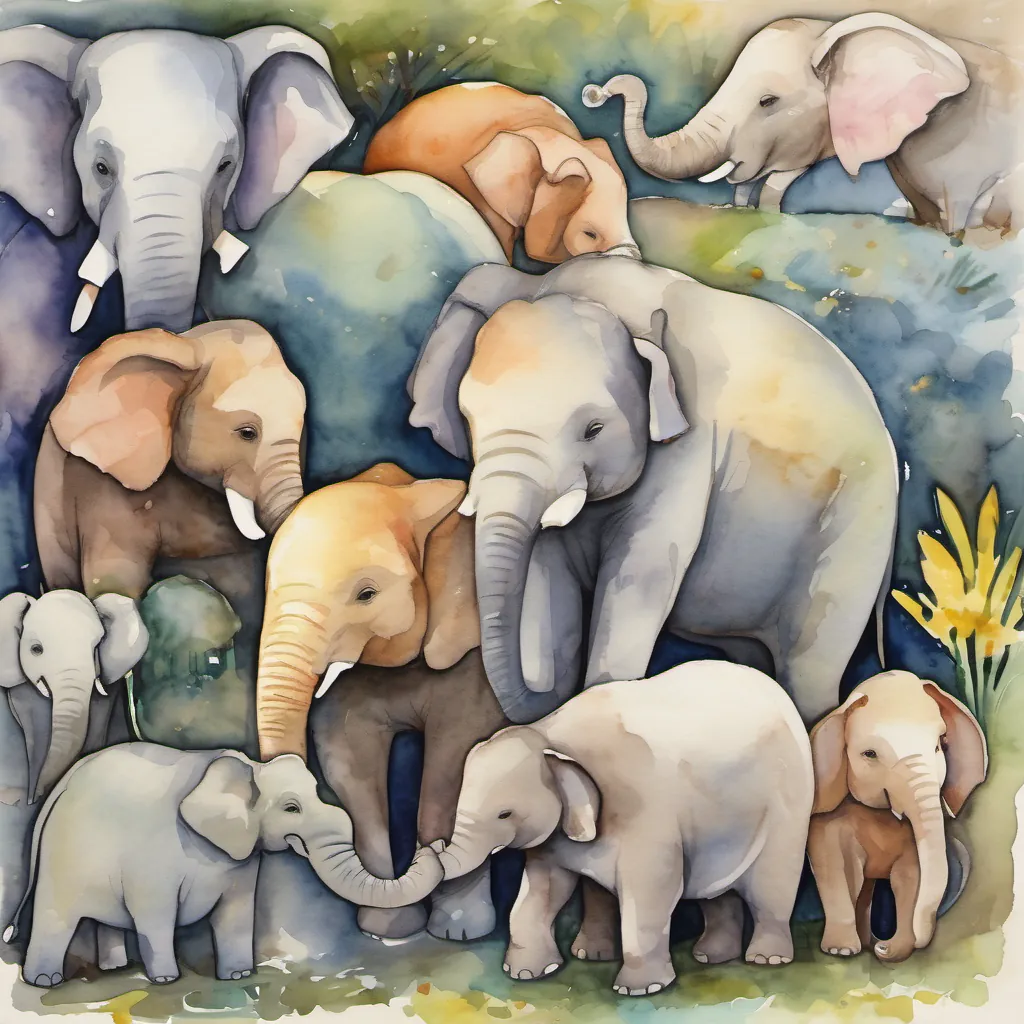 A kind and empathetic elephant who consoles and supports Hugo, helping him navigate through his feelings and regain his confidence the elephant cheering loudly as A happy hippopotamus who is initially joyful but becomes sad when blamed by other animals Later, he regains his confidence and happiness through his friend's support the hippo smiles, all the animals around them looking thoughtful and kinder.