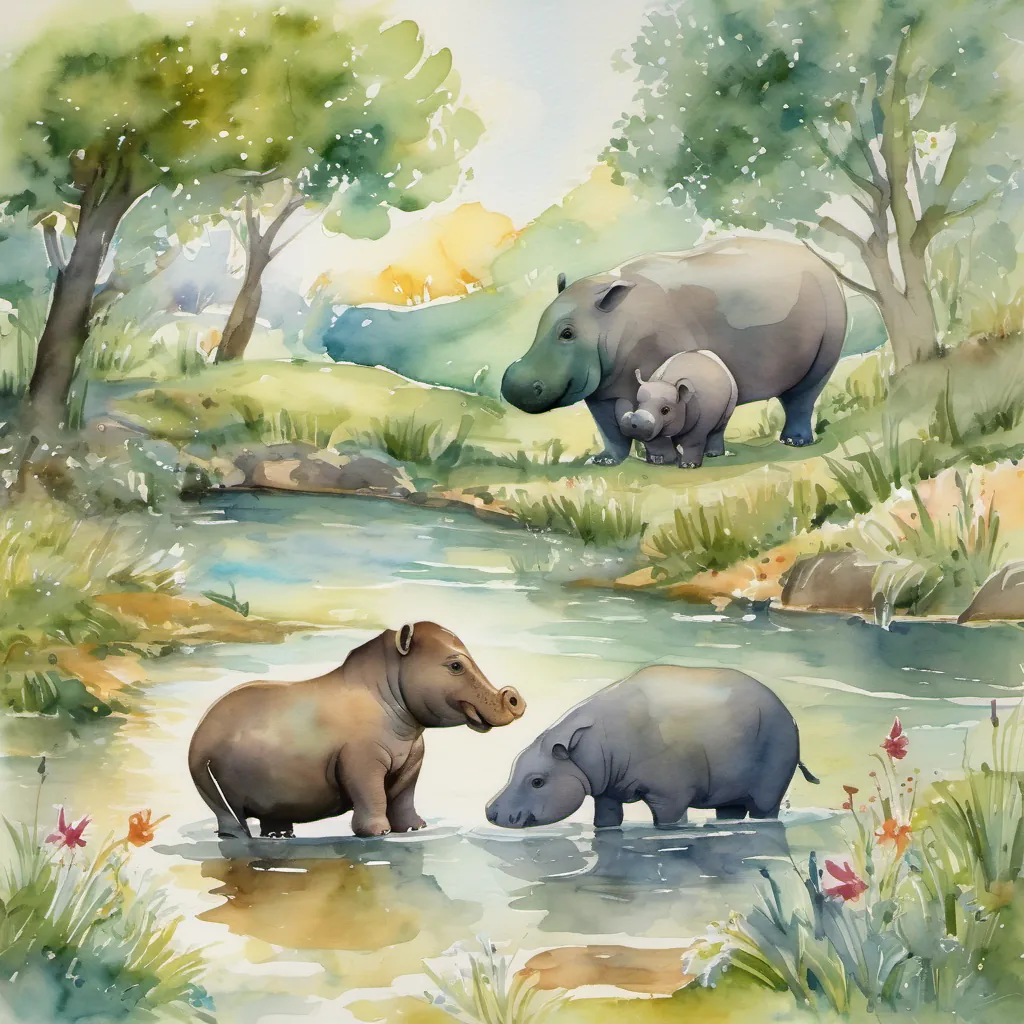 A happy hippopotamus who is initially joyful but becomes sad when blamed by other animals Later, he regains his confidence and happiness through his friend's support the hippopotamus and A kind and empathetic elephant who consoles and supports Hugo, helping him navigate through his feelings and regain his confidence the elephant walking together through a sunny meadow, splashing in a stream, and laughing joyfully.