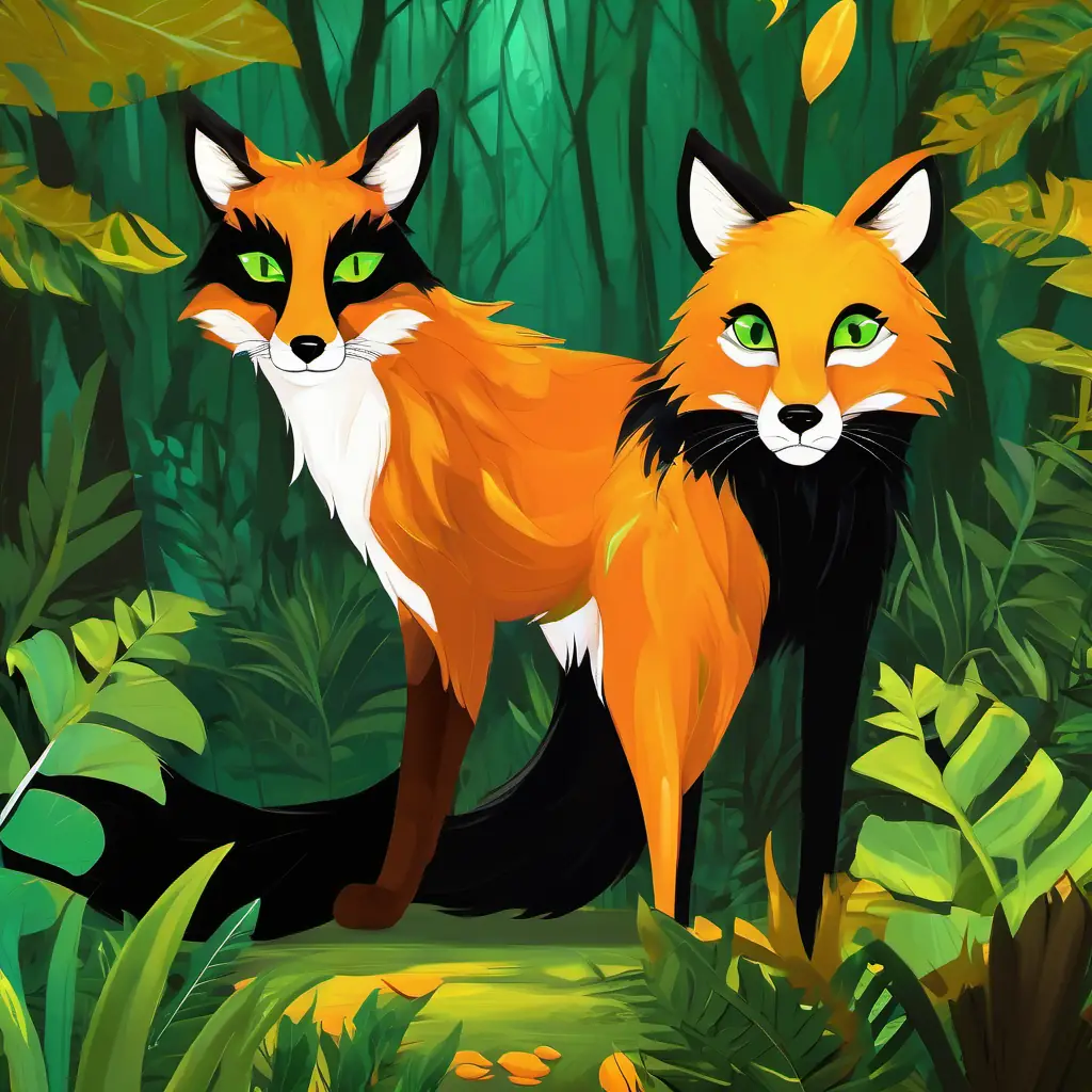 Clever fox with orange fur and bright green eyes and Brave panther with sleek black fur and piercing yellow eyes standing together in the vibrant jungle