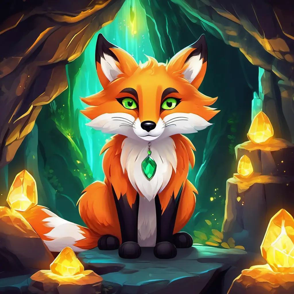 Clever fox with orange fur and bright green eyes and Brave panther with sleek black fur and piercing yellow eyes exploring a magical cave full of glowing crystals