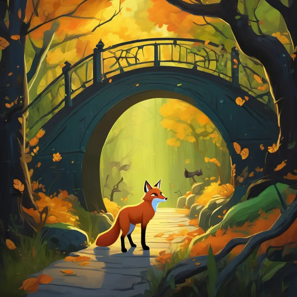 Clever fox with orange fur and bright green eyes and Brave panther with sleek black fur and piercing yellow eyes building a bridge with fallen branches to rescue the baby deer