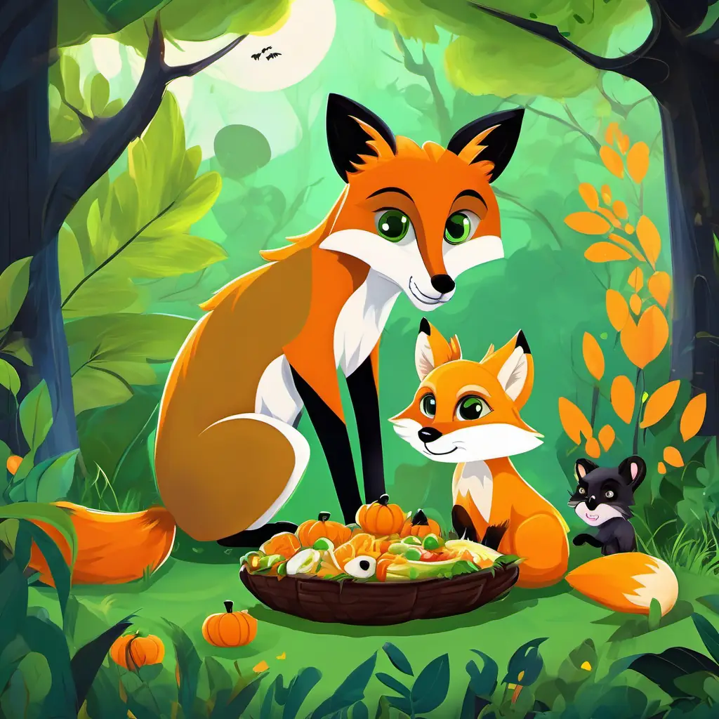 Clever fox with orange fur and bright green eyes, Brave panther with sleek black fur and piercing yellow eyes, and the baby deer sharing a joyful picnic in the jungle