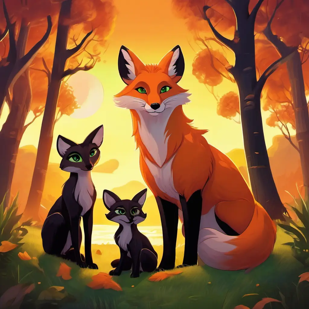 Clever fox with orange fur and bright green eyes, Brave panther with sleek black fur and piercing yellow eyes, and the baby deer standing proudly as a family in front of a sunset