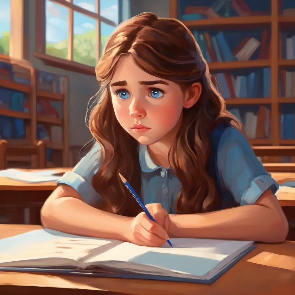 Girl with brown hair, blue eyes, thoughtful expression disappointed with test, in classroom setting.