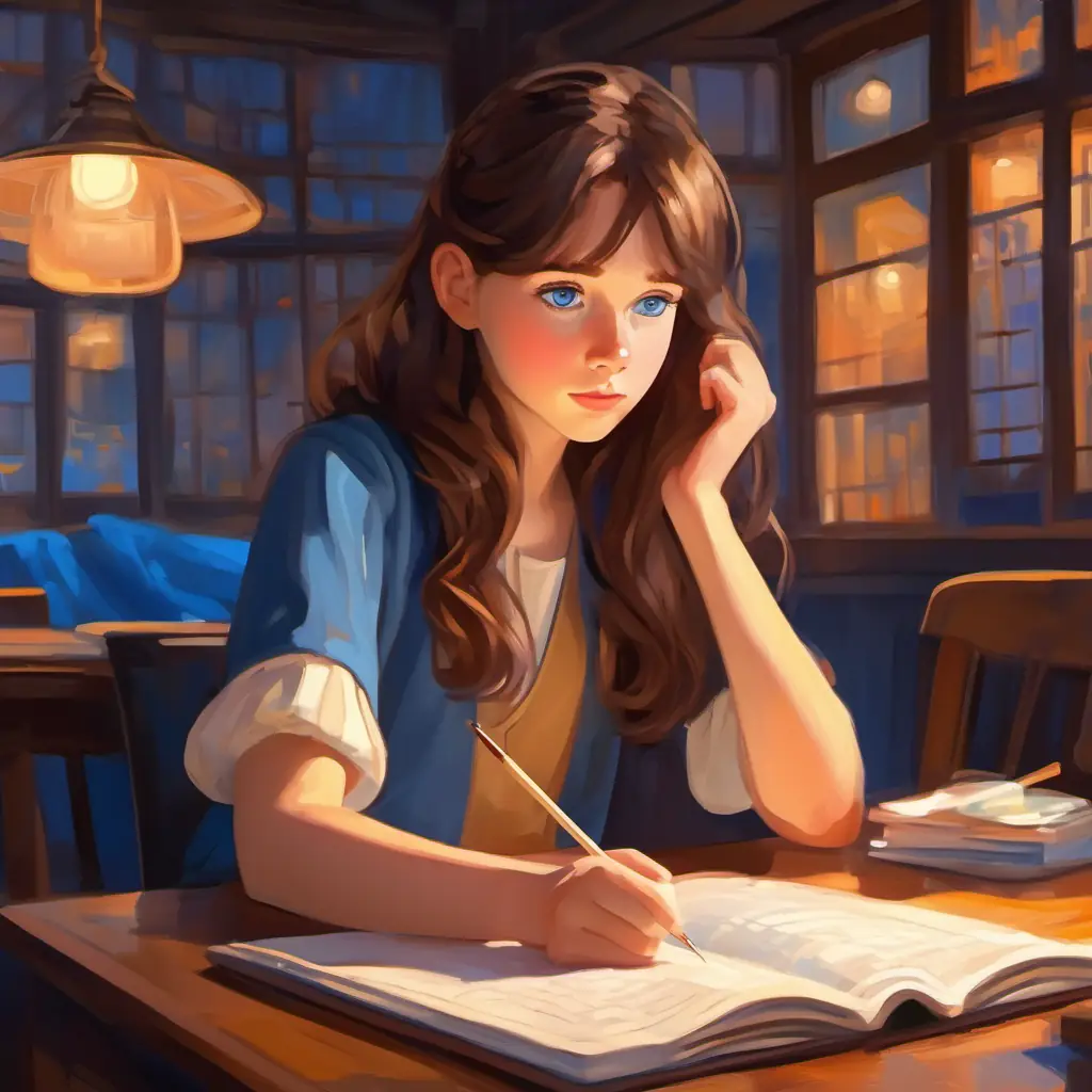 Girl with brown hair, blue eyes, thoughtful expression recalling study time, numbers confusing her.