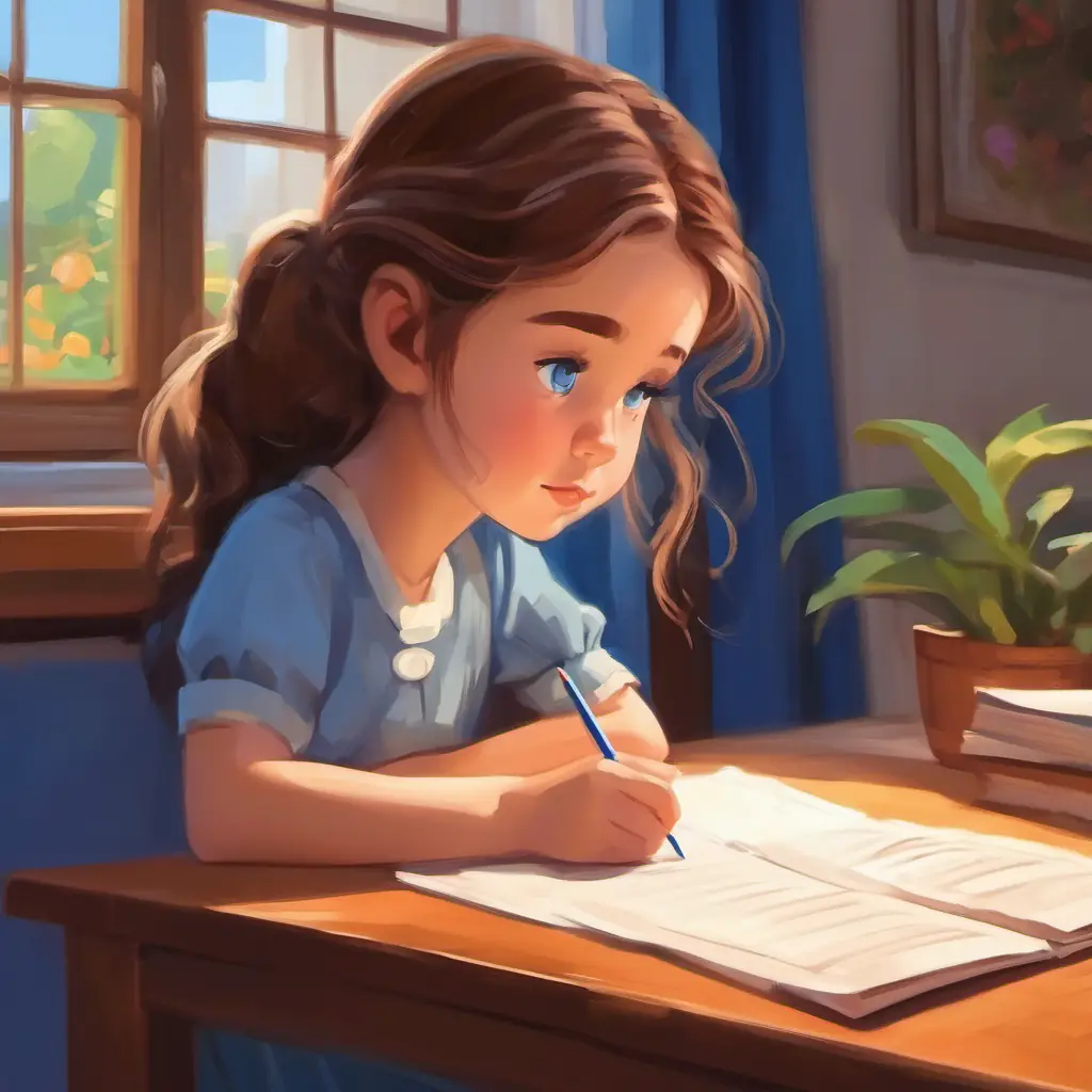 Girl with brown hair, blue eyes, thoughtful expression reveals her test score to her parents.