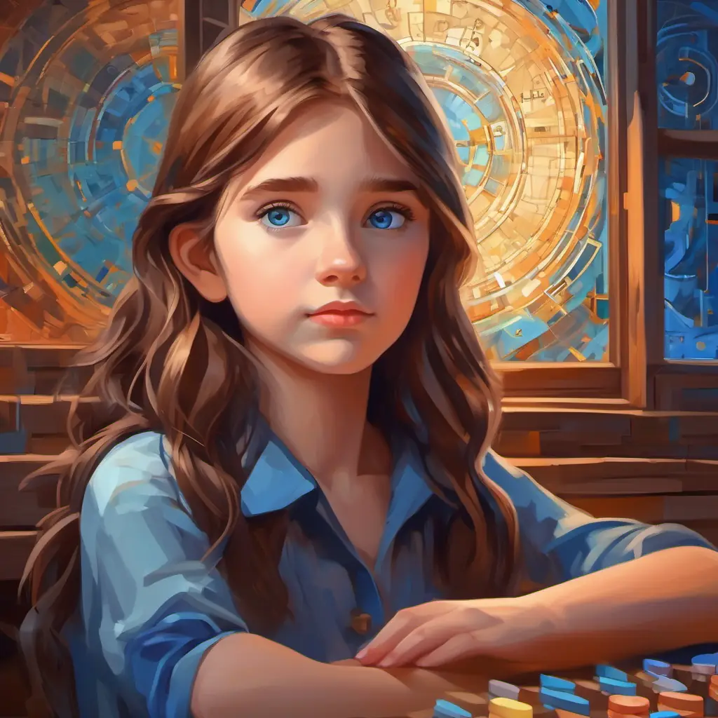 Girl with brown hair, blue eyes, thoughtful expression gains confidence in mathematics.