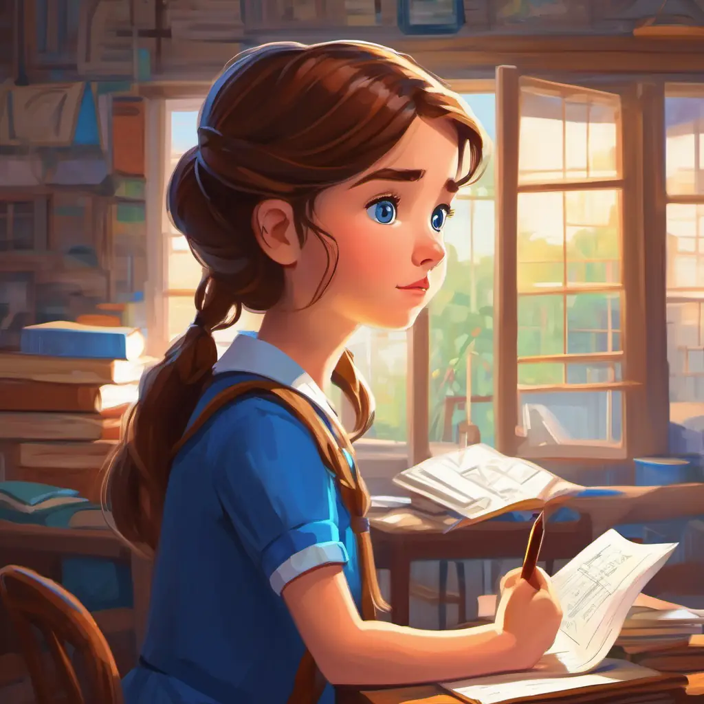 Girl with brown hair, blue eyes, thoughtful expression feeling prepared for her maths retest.