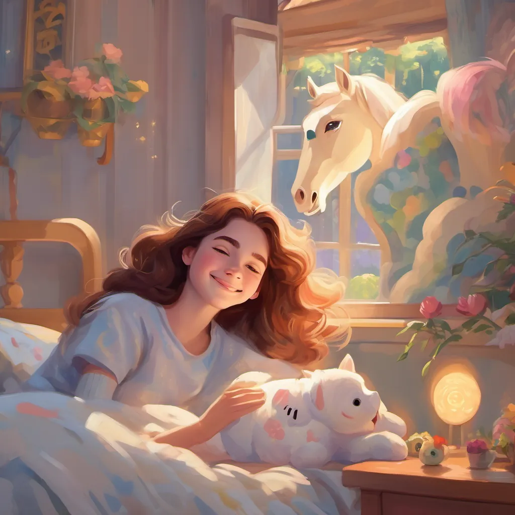 The girl smiling, lying in bed with a stuffed unicorn, looking peaceful and happy, with morning light filling the room.