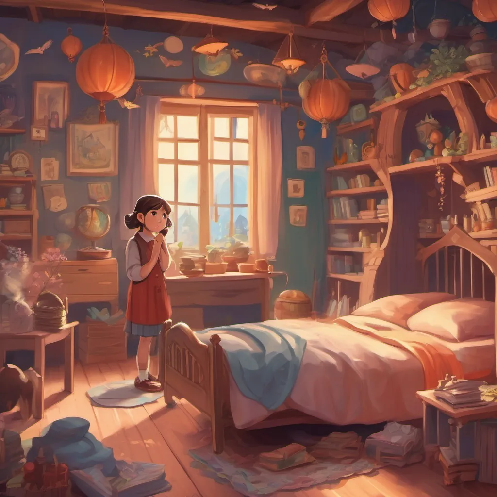 A young girl with a scared expression, covering her ears and frowning, with imaginary witches swirling around her room.