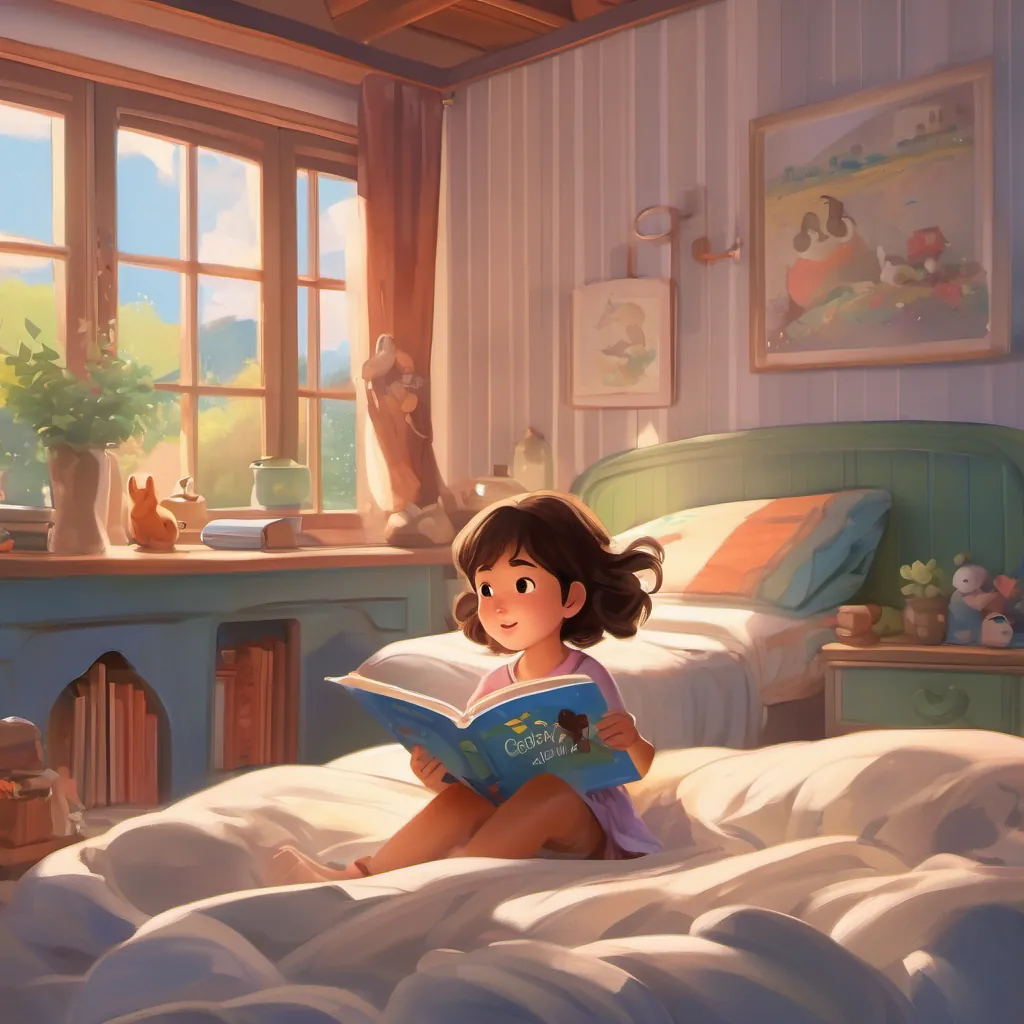 A 3-year-old girl in bed, clutching a storybook, with a big 'THUD' sound in the room and a 'whoosh' across the window.