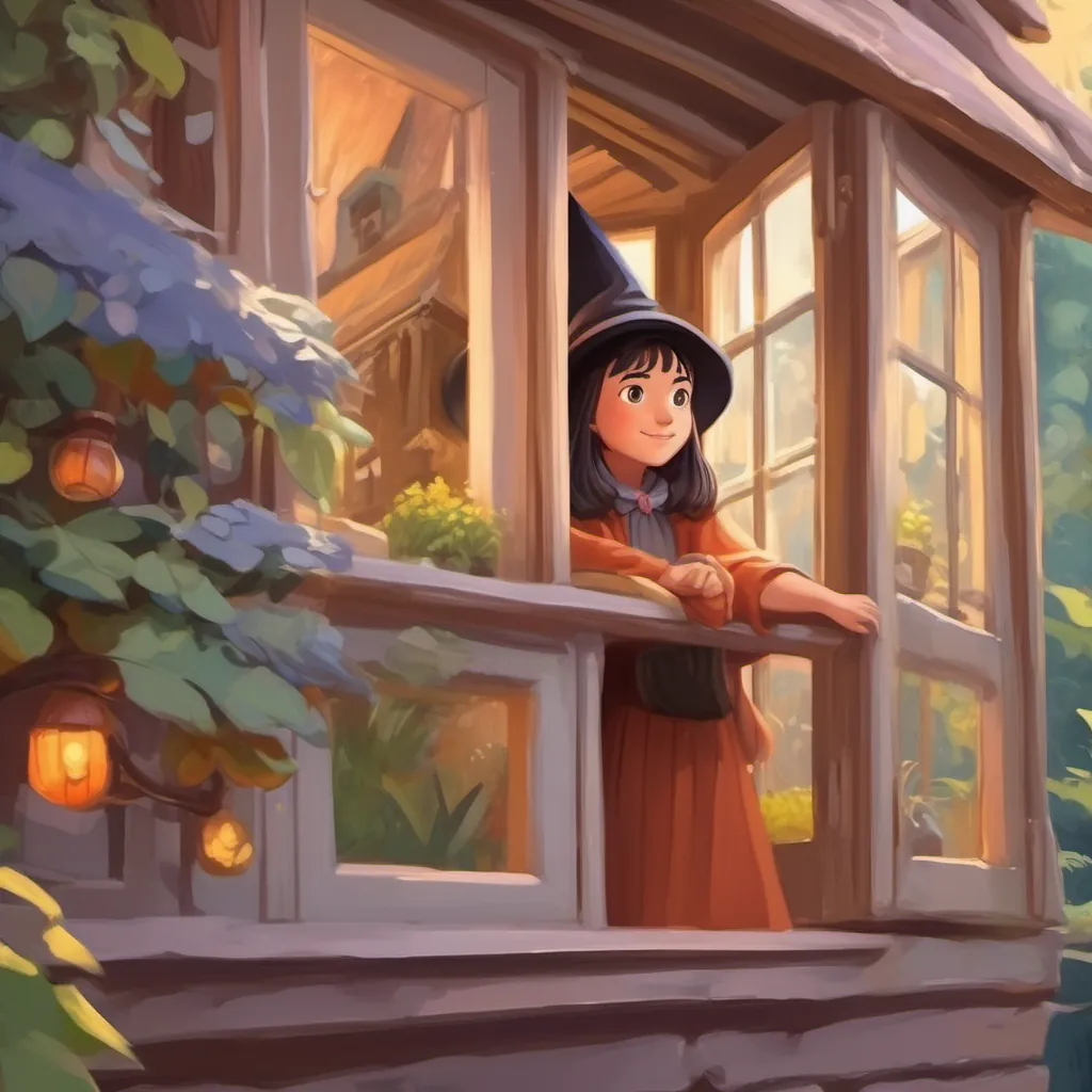 The girl cautiously peeking out the window, seeing a whimsical, friendly-looking witch outside, with a curious expression.