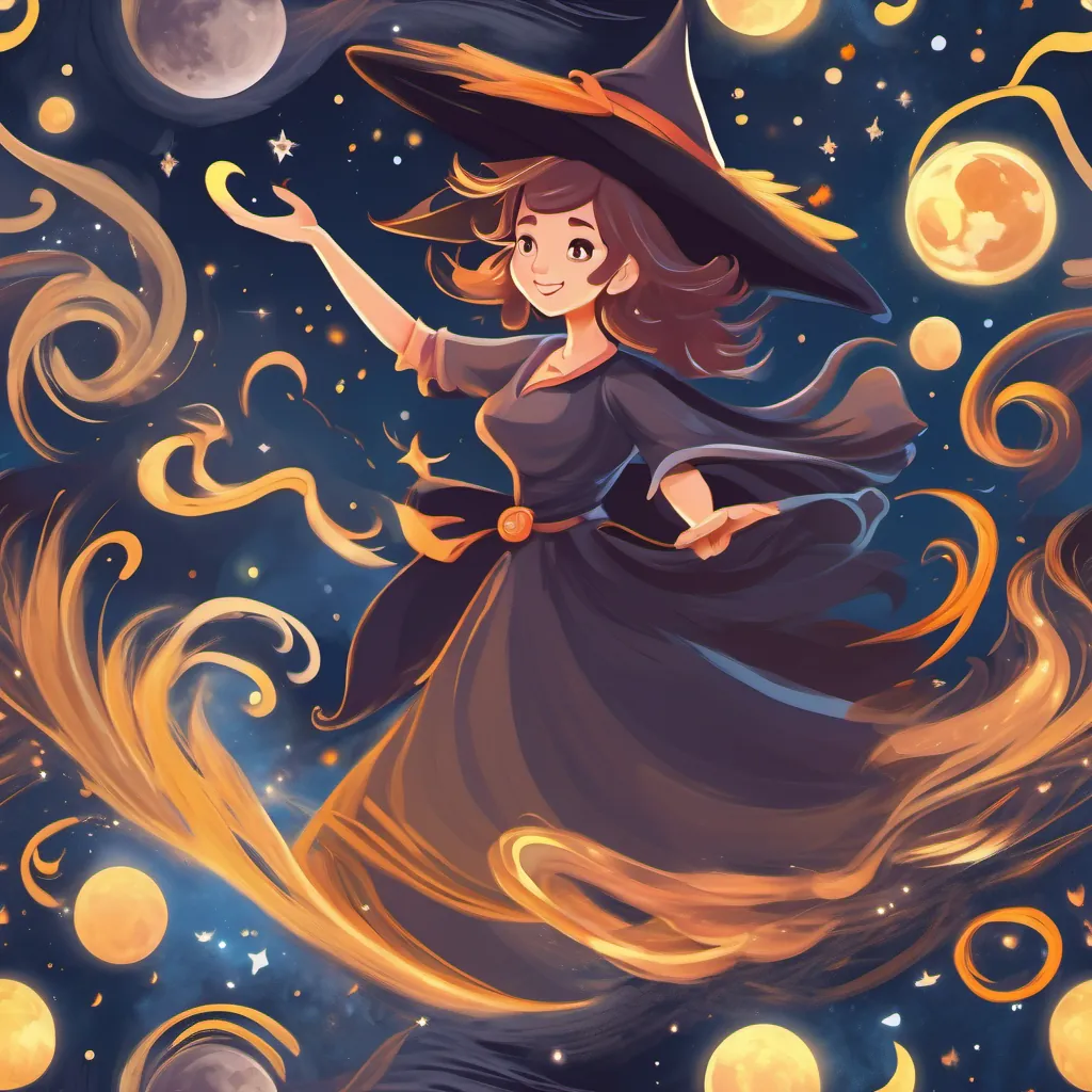 A friendly, smiling witch with a kind face, twirling with a swirl of sparkles in the moonlit night.