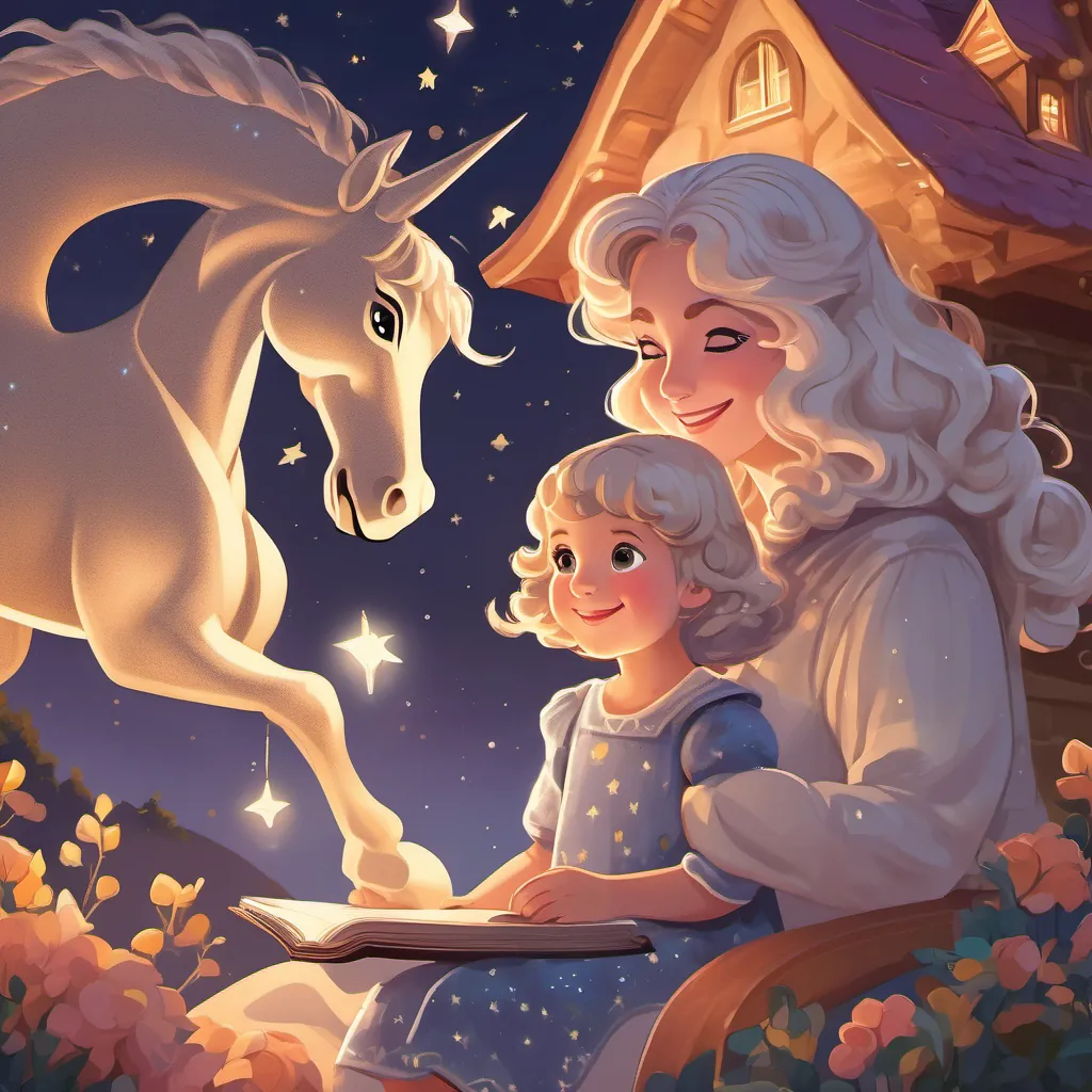 The friendly witch greeting A 3-year-old girl with curly blonde hair, chubby cheeks, wearing sparkly unicorn pajamas, with a brave and curious expression with an open, welcoming smile and a wave, framed by the night sky.