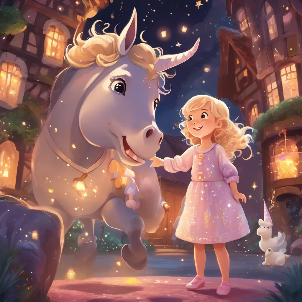A 3-year-old girl with curly blonde hair, chubby cheeks, wearing sparkly unicorn pajamas, with a brave and curious expression and the witch floating in the night air with sparkles and magic surrounding them, both smiling happily.