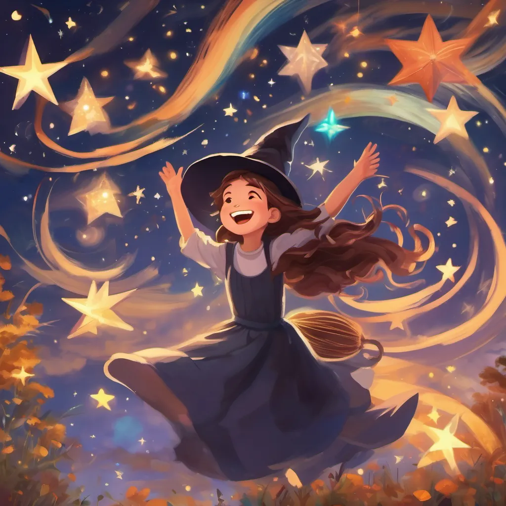 The girl laughing and spinning in the air with the friendly witch, surrounded by magical stars, looking carefree.