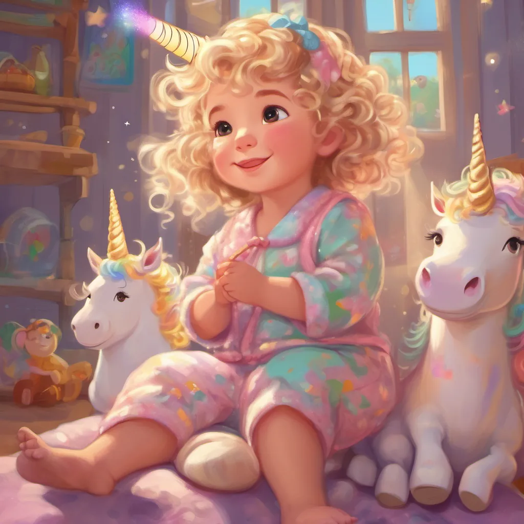 A history in Portuguese language. A 3-year-old girl with curly blonde hair, rosy cheeks, and chubby cheeks, wearing sparkly unicorn pajamas with a joyful expression.