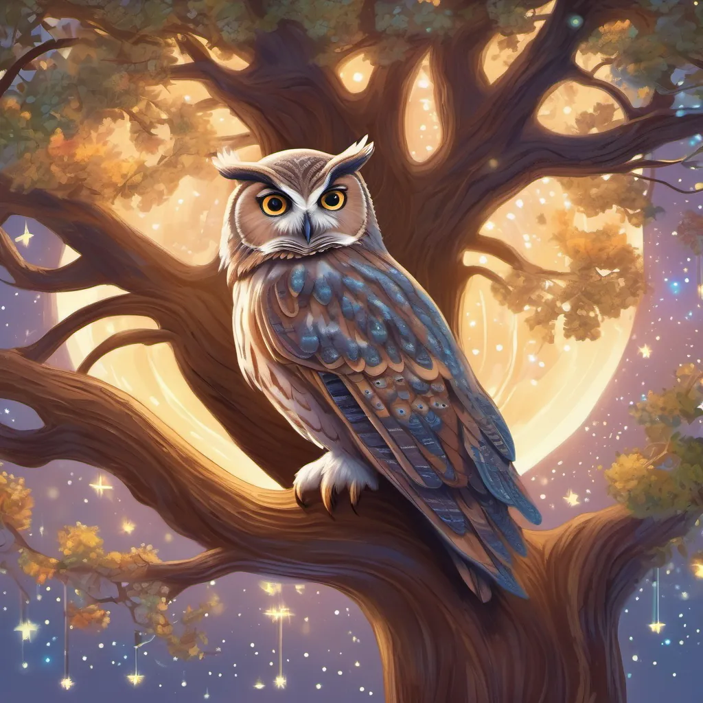 illustration of a wise owl perched in an ancient oak tree in a whimsical forest, detailed with twinkling stars in the background