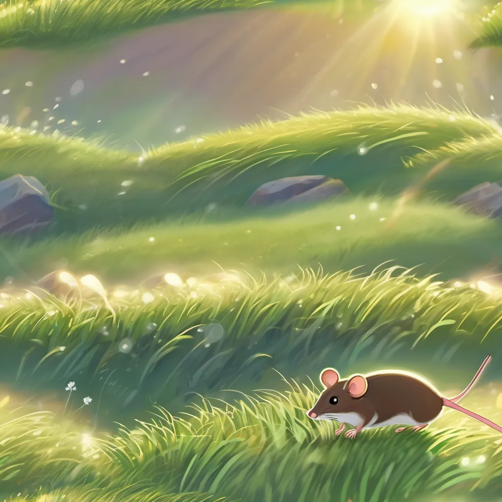 illustration of a small, brave mouse running through grass, with the morning sun shining over hills and the grass glittering with dew