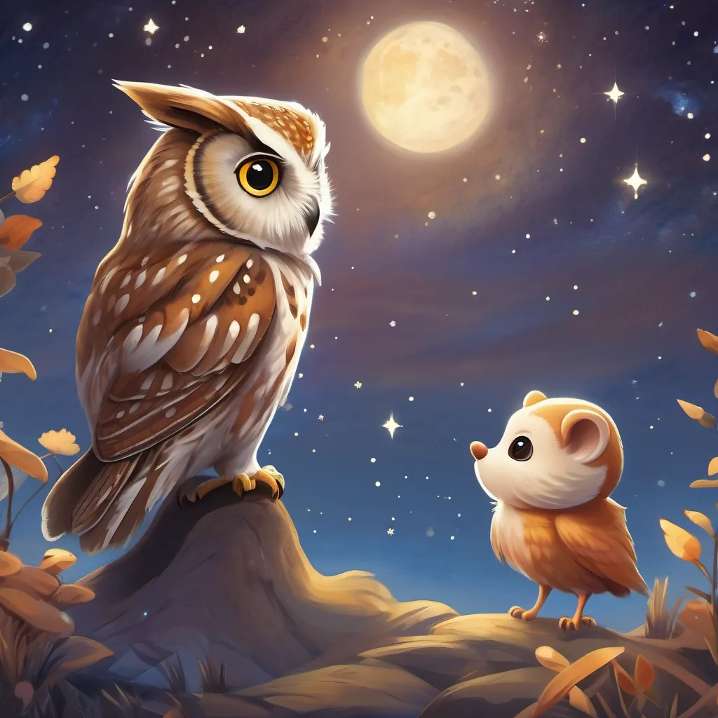illustration of an owl and mouse under a starry sky, celebrating with new animal friends