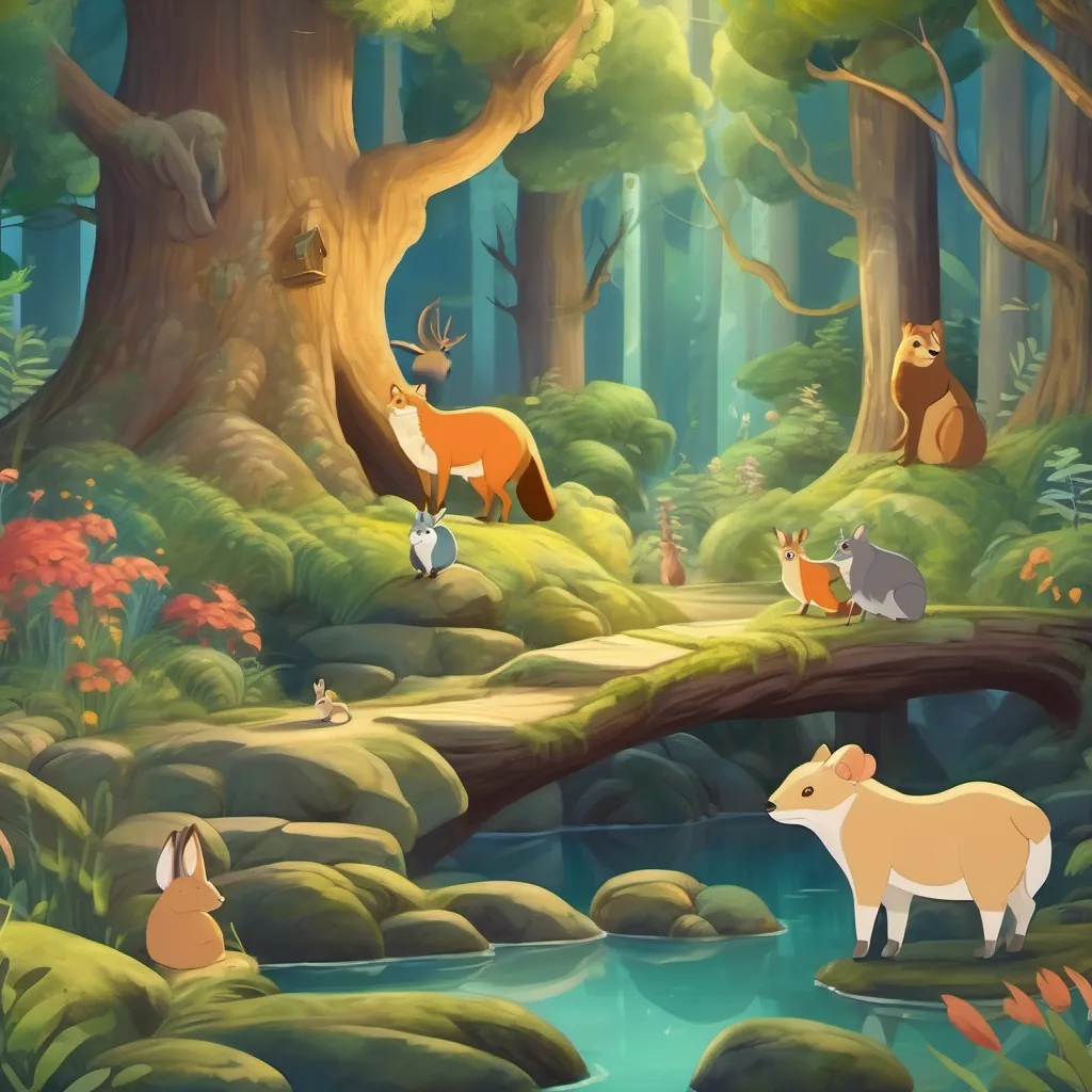 illustration of an enchanted forest with animals listening to tales of adventure and bravery